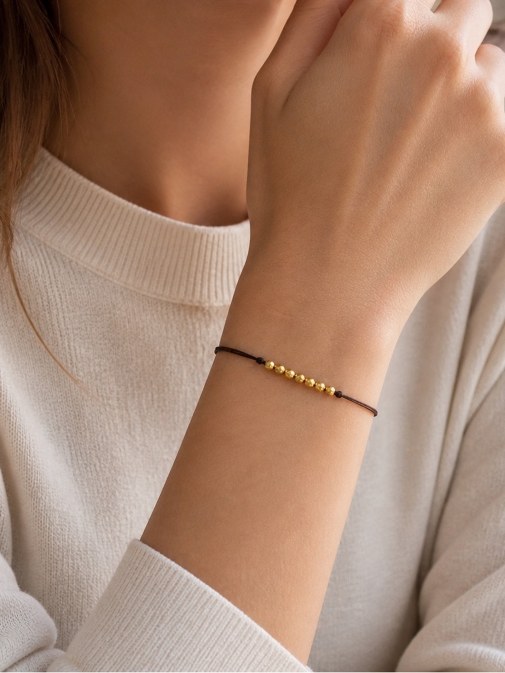 18K Solid Gold Beads Bracelet Adjustable Minimalist Fine Jewelry Gift